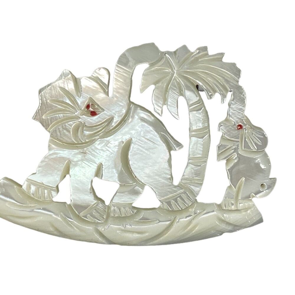 Mother Of Pearl Carved Vintage Elephant Brooch made In Taiwan Mother And Baby